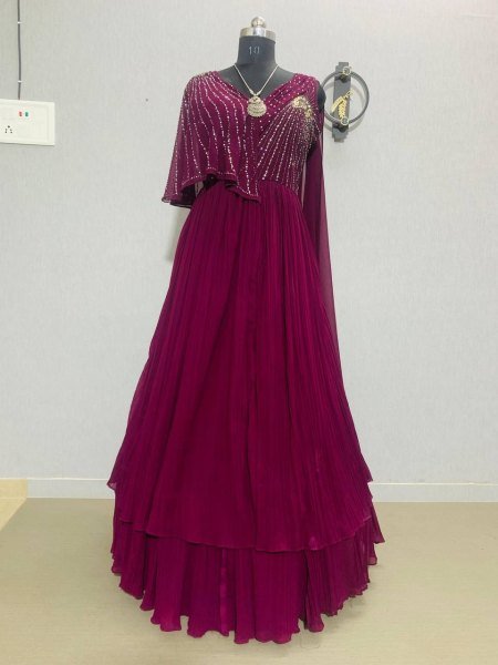 Purple Fox Georgette Real Handwork Gown  Ready To Wear Collection