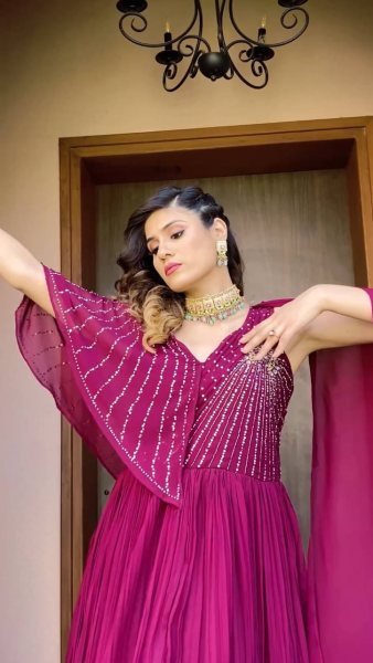 Purple Fox Georgette Real Handwork Gown  Ready To Wear Collection