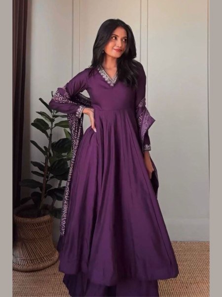 Purple Jalpari Silk Anarkali Set with Dori & Sequins Work, Palazzo and Chinon Dupatta Ready to Wear Manufacturer Rate 