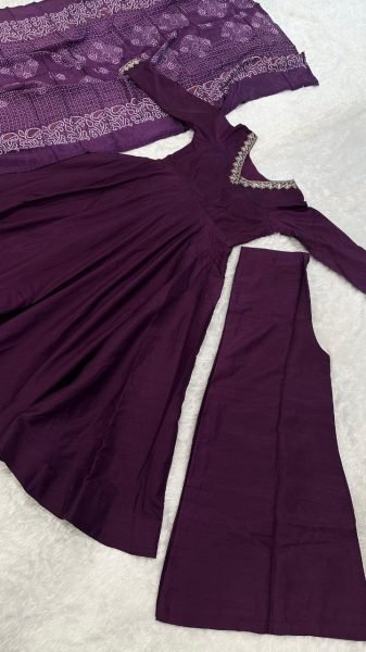 Purple Jalpari Silk Anarkali Set with Dori & Sequins Work, Palazzo and Chinon Dupatta Ready to Wear Manufacturer Rate Anarkali Kurtis 