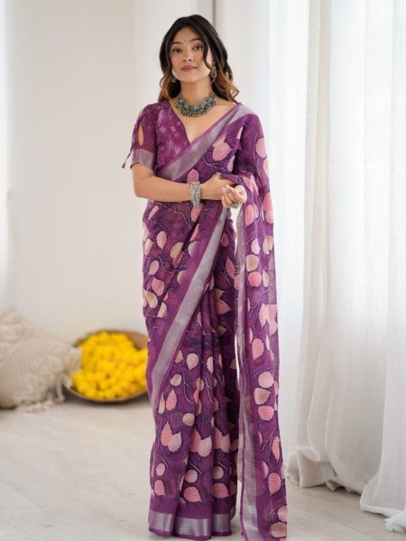 Purple Lilan Patta Printed Saree with Georgette Blouse Graceful Leaf Print Collection Georgette Sarees Wholesale