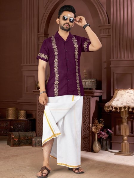 Purple Magic Cotton Foil Print Shirt with Matching Dhoti Perfect for Onam Wear  
