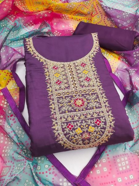 Purple Romal Silk Dress Material with Codding Work & Organza Dupatta Set 
