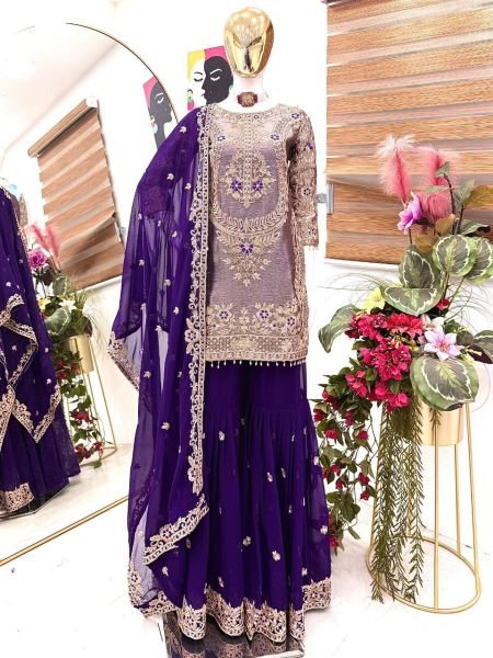 Purple Sharara Suit with Coding Embroidery Work at Wholesale Party Wear Ready To Wear Collection