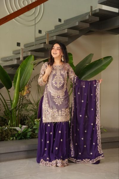 Purple Sharara Suit with Coding Embroidery Work at Wholesale Party Wear Ready To Wear Collection