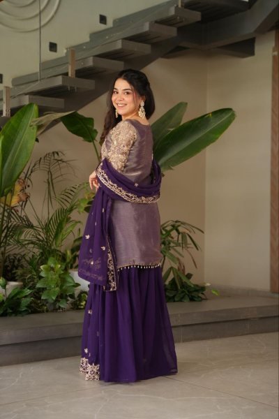 Purple Sharara Suit with Coding Embroidery Work at Wholesale Party Wear Ready To Wear Collection