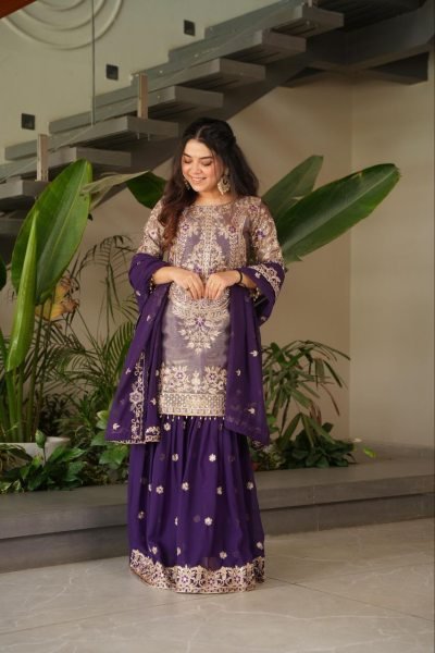 Purple Sharara Suit with Coding Embroidery Work at Wholesale Party Wear Ready To Wear Collection