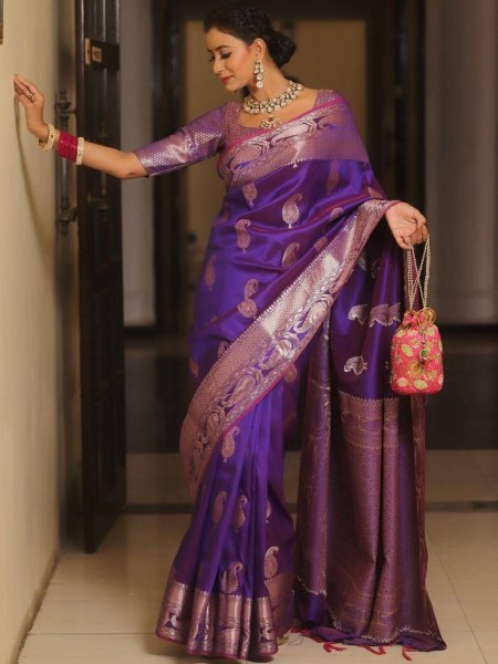 Purple Soft Banarasi Silk Saree With Fancifull Blouse Piece 
