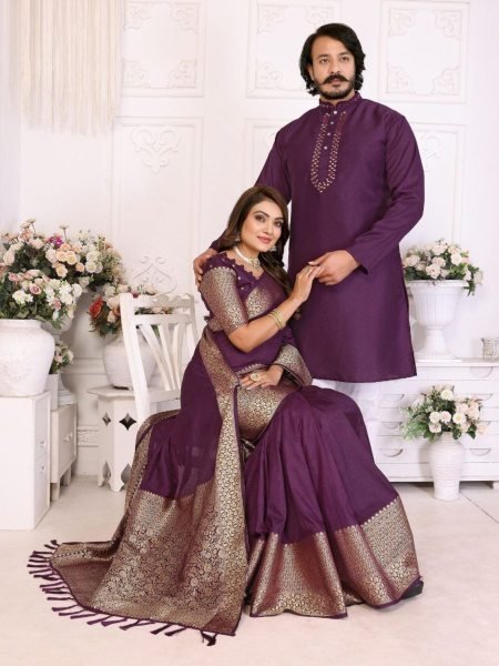 Purple Trendy Matching Couple Set Mens Silky Silk Kurta Pajama & Womens Dola Silk Saree Wholesale at Surat Manufacturing 