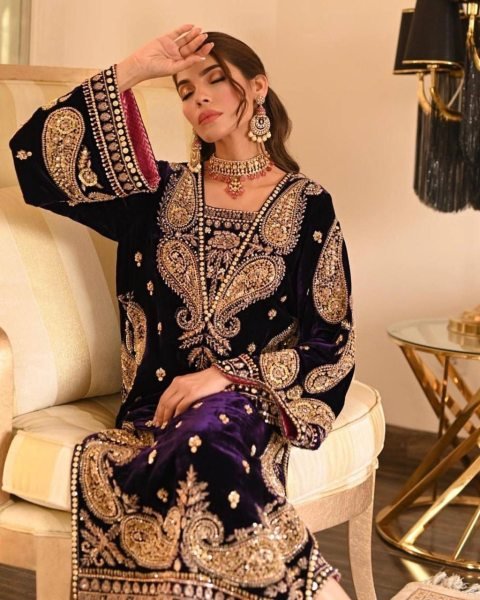 Purple Velvet Top   Pent With Sequence Work Ready To Wear Collection