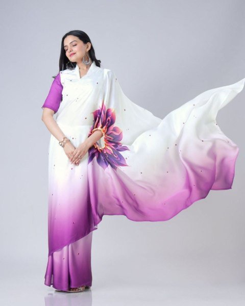 Purple   White Floral Ready to Wear Saree Party Wear Freehand Design New Collection 