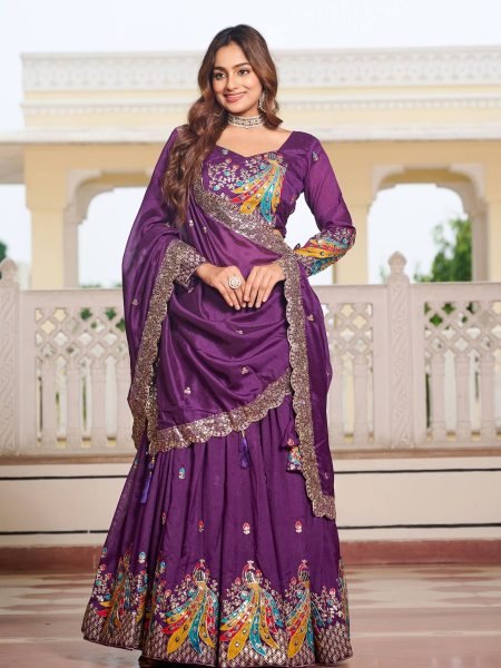 purple wine lehenga choli for weddings heavy sequin embroidery  Lehenga