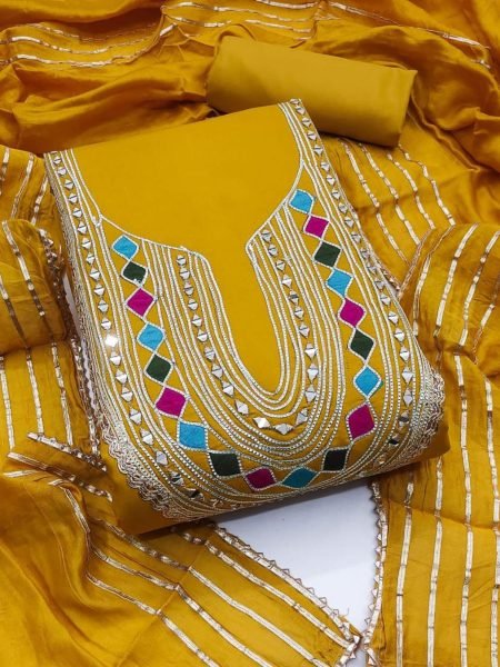 PV Chanderi Gota Patti Suit Set with Mirror Work & Santoon Bottom Top Quality at Lowest Price