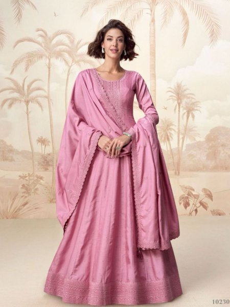 Raagini by Aashirwad Soft Pink Silk Gown with Embroidery   Ideal for Bridal Events  Anarakali Gown Wholesale