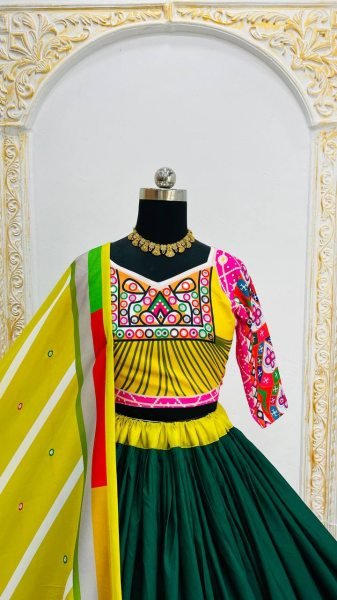Radiant Bloom Muslin Lehenga with Floral Print and Real Mirror Work Perfect for Dazzling Garba Season Navratri Lehnega Choli