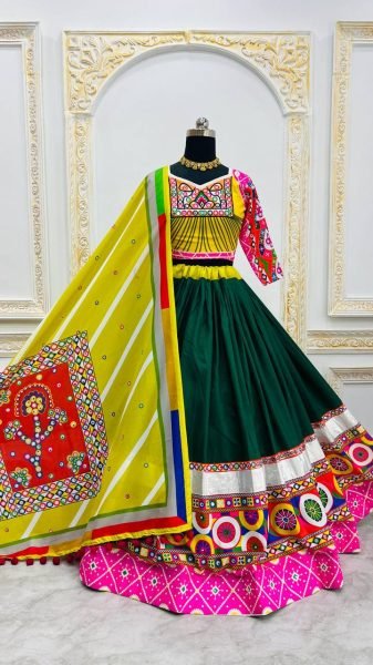 Radiant Bloom Muslin Lehenga with Floral Print and Real Mirror Work Perfect for Dazzling Garba Season Navratri Lehnega Choli