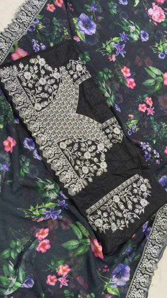  Radiant Grace Georgette Saree Digitally Printed Drapes with Rich Embroidery and Mirror Sequin Accents Georgette Sarees Wholesale