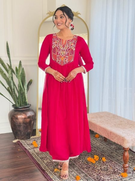 Radiant Red 3-Piece Kurti Set For Festive and Wedding Occasions 2025 3 Piece Kurti Set