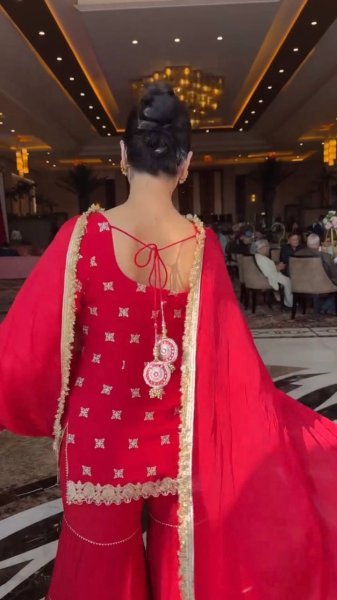 Radiant Red Faux Georgette Sharara Suit with Lace Dupatta for Diwali Party Collection Ready To Wear Collection