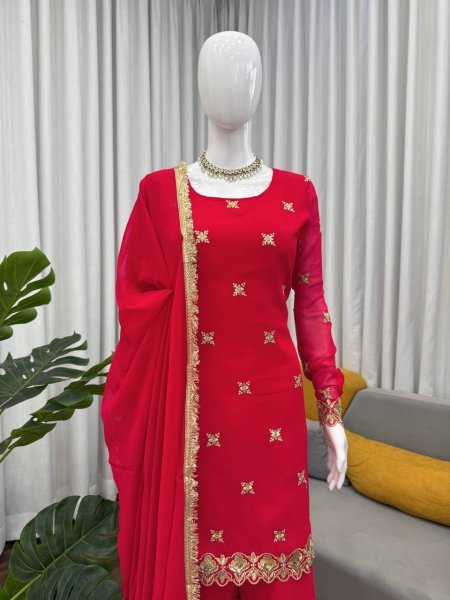 Radiant Red Faux Georgette Sharara Suit with Lace Dupatta for Diwali Party Collection Ready To Wear Collection