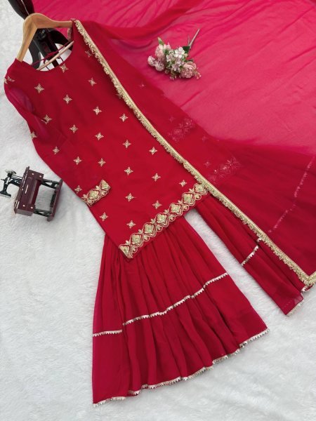 Radiant Red Faux Georgette Sharara Suit with Lace Dupatta for Diwali Party Collection Ready To Wear Collection