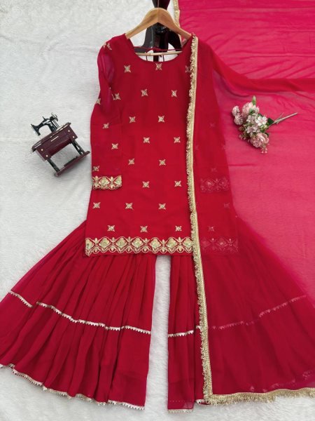 Radiant Red Faux Georgette Sharara Suit with Lace Dupatta for Diwali Party Collection Ready To Wear Collection