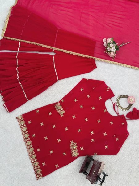 Radiant Red Faux Georgette Sharara Suit with Lace Dupatta for Diwali Party Collection Ready To Wear Collection
