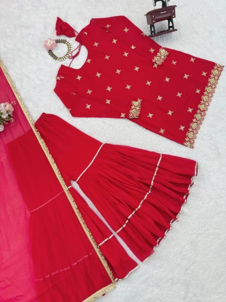 Radiant Red Faux Georgette Sharara Suit with Lace Dupatta for Diwali Party Collection Ready To Wear Collection