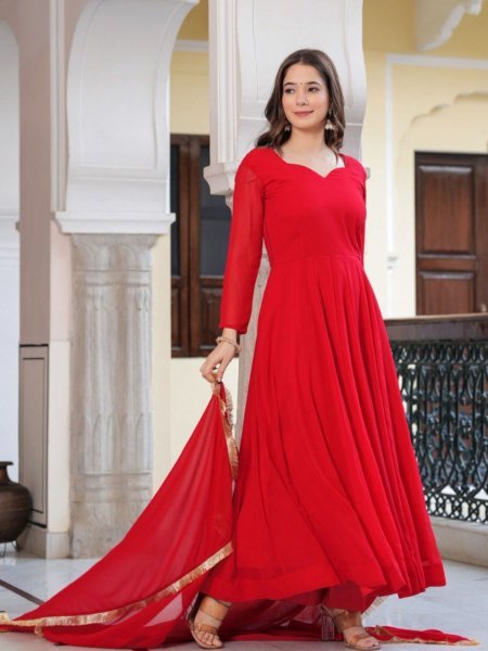 Radiant Red Georgette Anarkali Set with Lace Dupatta &  Pant Ready to Wear  
