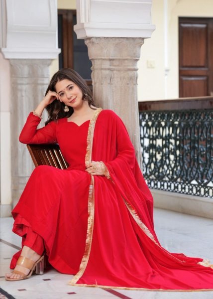 Radiant Red Georgette Anarkali Set with Lace Dupatta &  Pant Ready to Wear  Anarkali Kurtis 