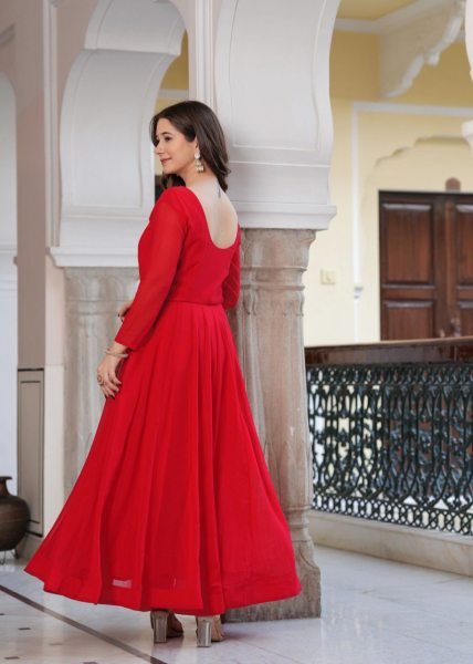 Radiant Red Georgette Anarkali Set with Lace Dupatta &  Pant Ready to Wear  Anarkali Kurtis 