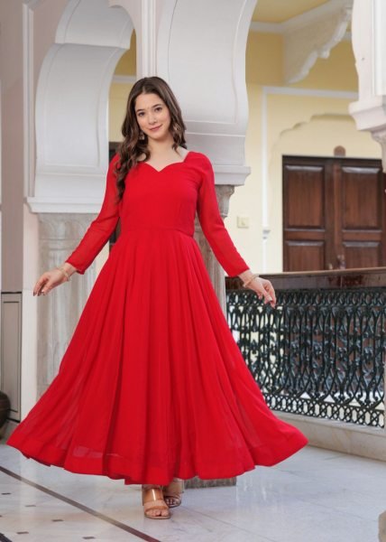 Radiant Red Georgette Anarkali Set with Lace Dupatta &  Pant Ready to Wear  Anarkali Kurtis 