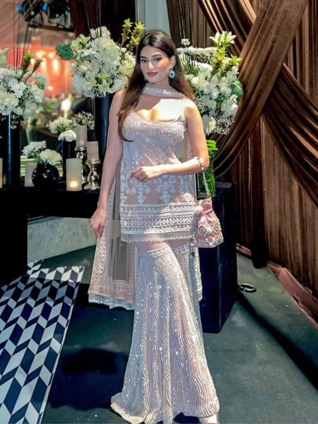 Radiating Dusty Pink Soft Net Top and Ruffle Plazzo Set for Party Wear 