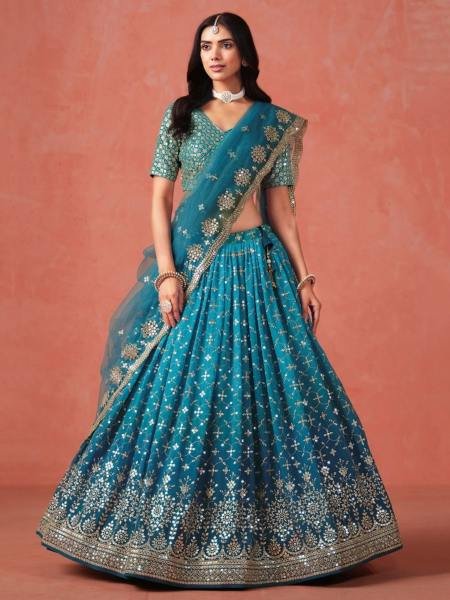 Rama Blue Ombre Georgette Lehenga Set with Heavy Zari   Sequin Embroidery for Weddings   Parties Bridal Lehenga Choli