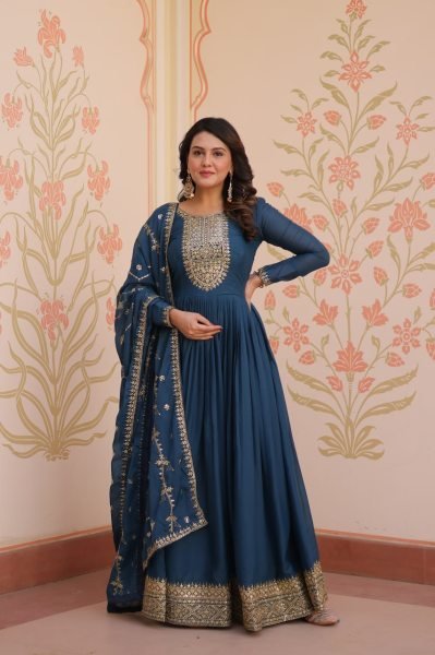 Rama Color Readymade Anarkali Gown in Star Georgette with Heavy Embroidery Dupatta  Anarkali Kurtis 