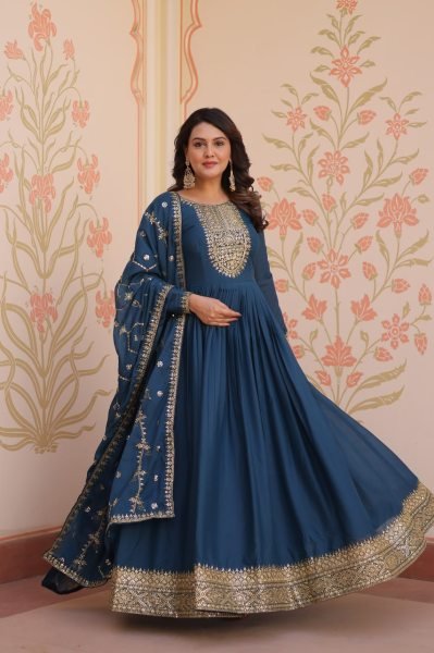 Rama Color Readymade Anarkali Gown in Star Georgette with Heavy Embroidery Dupatta  Anarkali Kurtis 