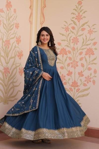 Rama Color Readymade Anarkali Gown in Star Georgette with Heavy Embroidery Dupatta  Anarkali Kurtis 