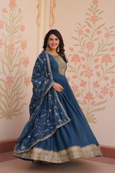 Rama Color Readymade Anarkali Gown in Star Georgette with Heavy Embroidery Dupatta  Anarkali Kurtis 