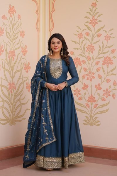 Rama Color Readymade Anarkali Gown in Star Georgette with Heavy Embroidery Dupatta  Anarkali Kurtis 