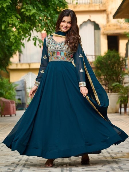  Rama Green Anarkali Gown with Zari Dupatta Sangeet Ready Look Kurtis