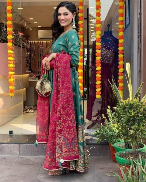  Rama Shade Roman Silk Suit with Foil Work   Chinon Dupatta   Perfect Party Look Anarkali Kurtis 