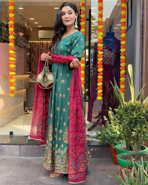  Rama Shade Roman Silk Suit with Foil Work   Chinon Dupatta   Perfect Party Look Anarkali Kurtis 