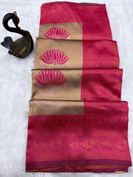 Rani Pink Banarasi Saree With Bold Lotus Design Bridal Soft Silk Special Banarasi Saree Wholesale