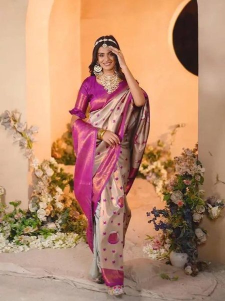 Rani Pink Banarasi Silk Saree With Beige Weaving Pallu Elegant Wedding Look Banarasi Saree Wholesale