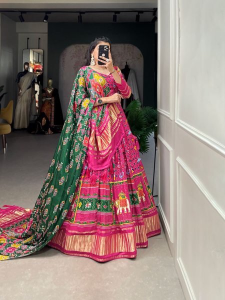 Rani Pink Color Digital Printed With Lagadi Patta Gaji Silk Lehenga Choli 