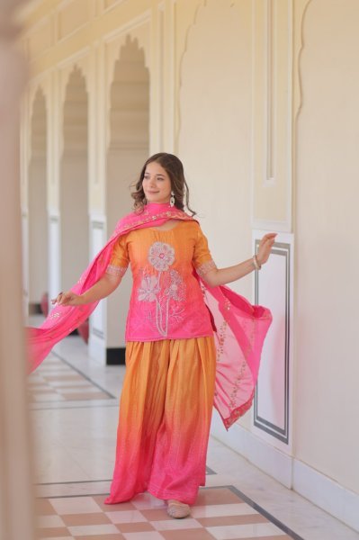  Rani Pink Glow Chinnon Sharara Suit Set with Floral Embroidery and Fancy Dupatta Ready To Wear Collection