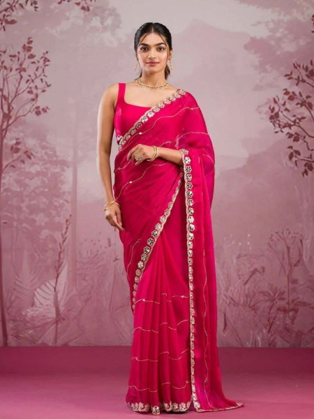 Rani Pink Mirrorwork Jimmy Chu Silk Saree with Embellished Unstitched Blouse Sarees 