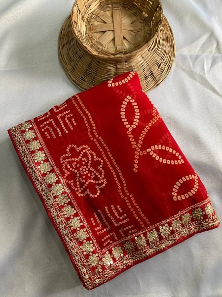 Rani Red Georgette Bandhej Saree with Heavy Border Traditional Celebration Bandhej Sarees Wholesale