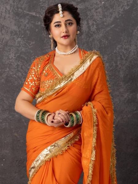 Rashmi Desai Orange Soft Georgette Saree with Satin Blouse & Gotta Patti Embroidery Georgette Sarees Wholesale