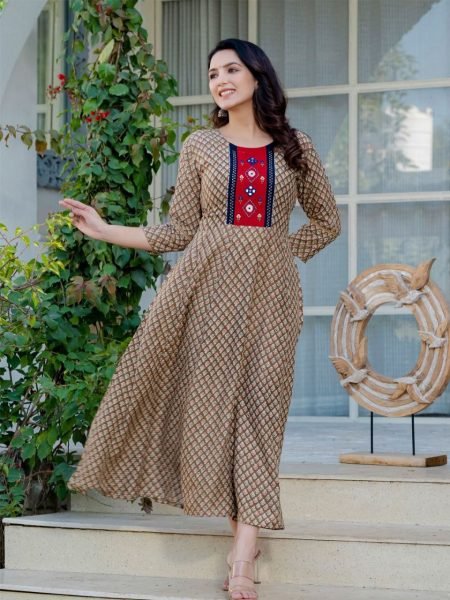 Rayon Brown Color Designer Printed  Readymade Anarkali Gown  Printed Kurtis